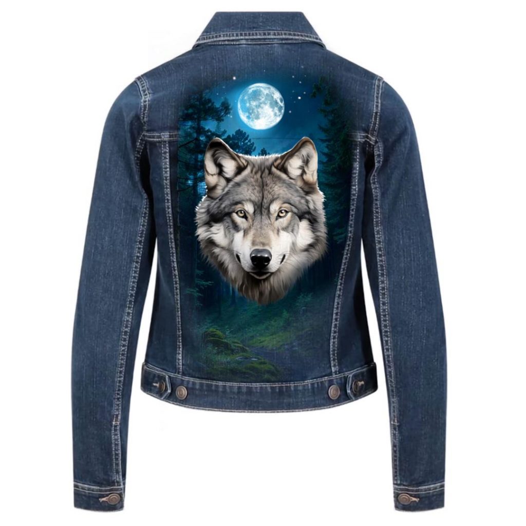 Veste en jean custom personnalisé Loup au clair de lune