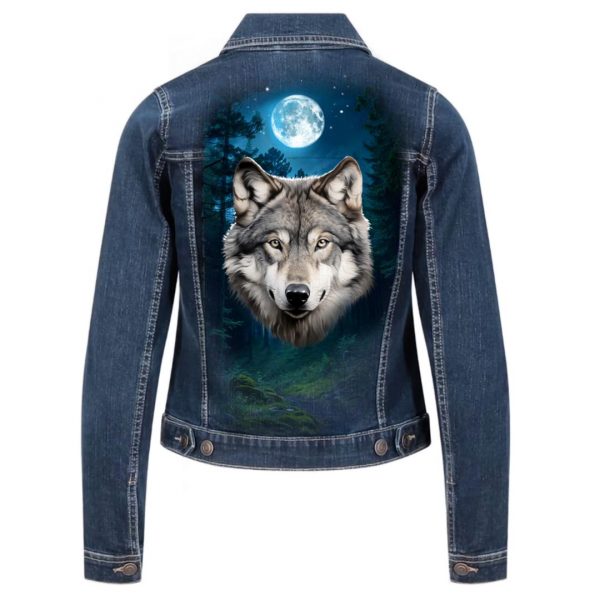 Veste en jean custom personnalisé Loup au clair de lune