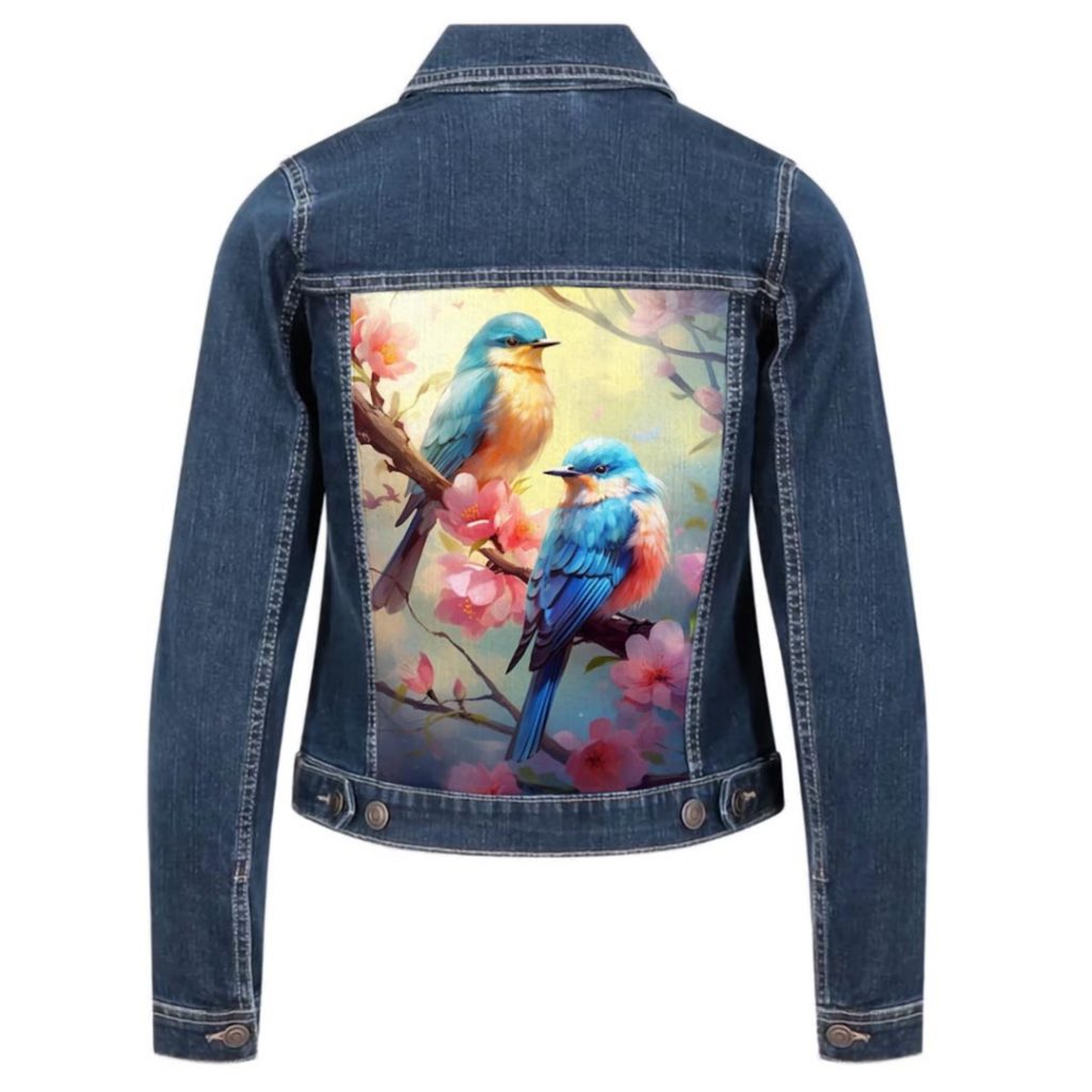 Veste en jean custom personnalisé Oiseaux romantiques