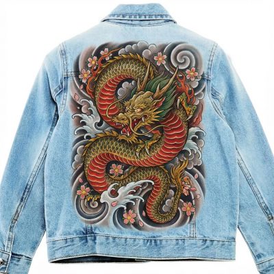 Custom personnalisé "Dragon- Tattoo traditionnel" sur veste en jean