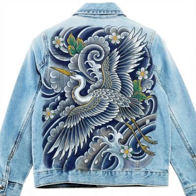 Custom personnalisé "Héron- Tattoo traditionnel" sur veste en jean