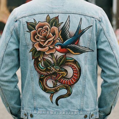 Custom personnalisé "Serpent- Tattoo traditionnel" sur veste en jean