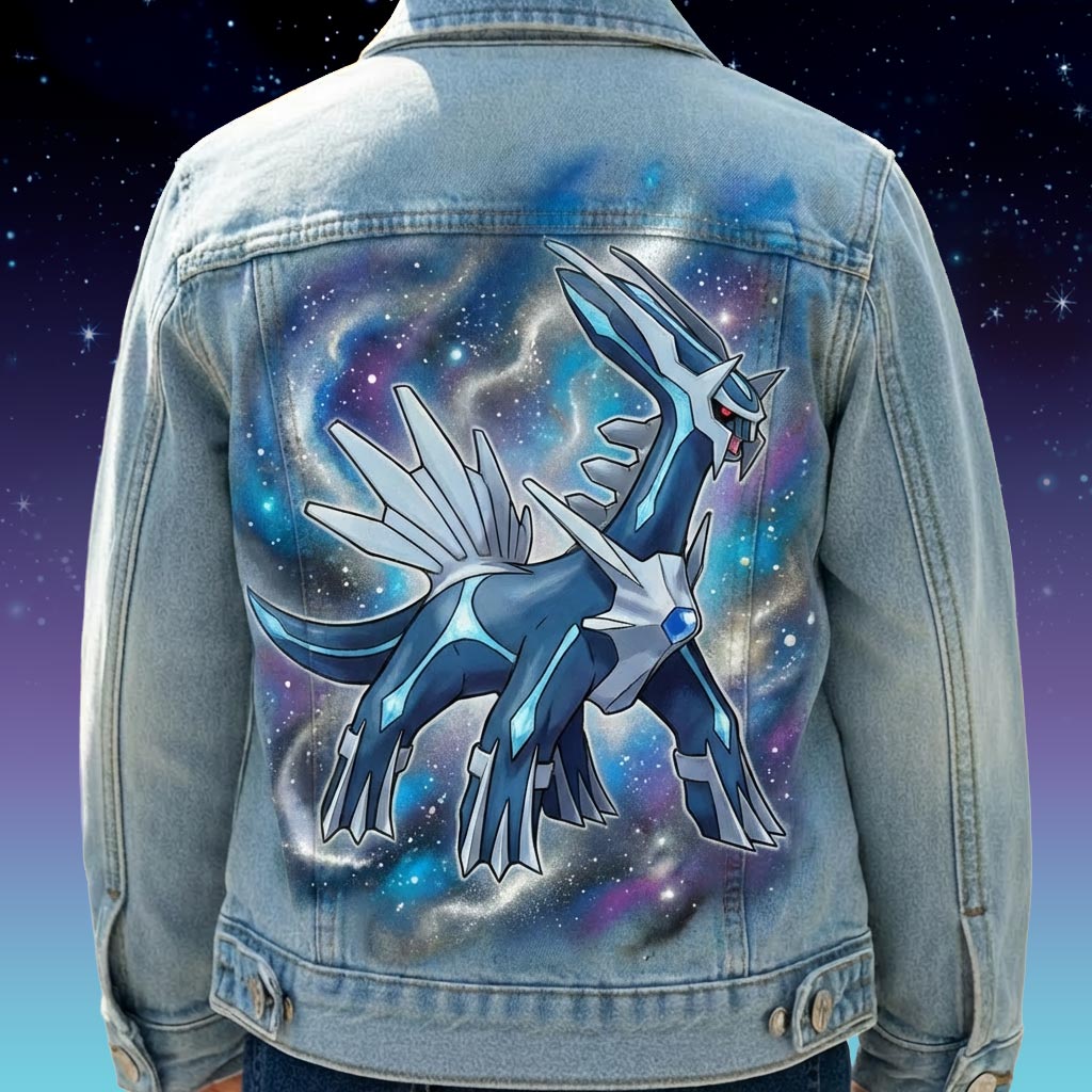 Custom personnalisé Pokémon légendaire "Dialga" sur veste en jean