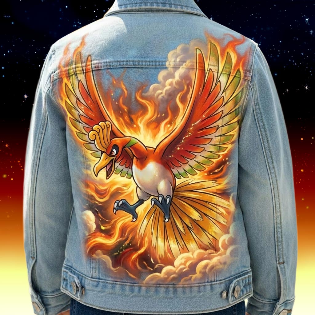 Custom personnalisé Pokémon légendaire "Ho-Oh" sur veste en jean