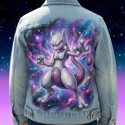 Custom personnalisé Pokémon légendaire "Newtow" sur veste en jean