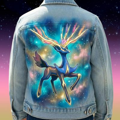 Custom personnalisé Pokémon légendaire "Xerneas" sur veste en jean