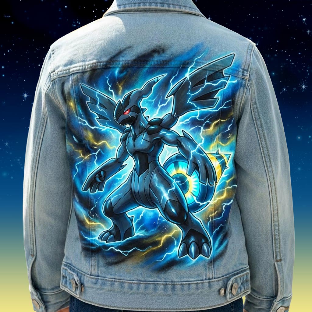Custom personnalisé Pokémon légendaire "Zekrom" sur veste en jean